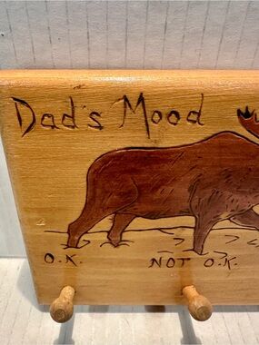 Vintage Wooden “Dad's Mood' Moose Wall Hook - Brown on Natural Wood engraved